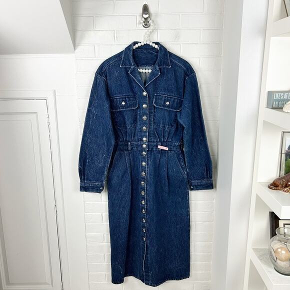 Vintage Blue Denim Button Front Dress M/L - Picture 1 of 11